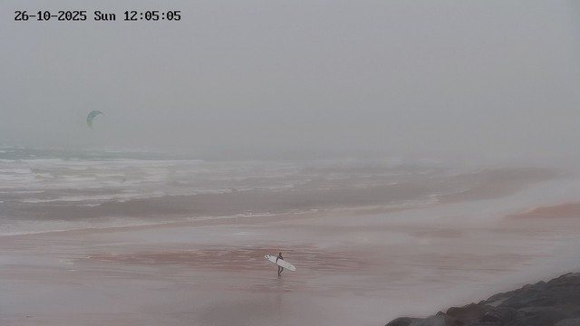 Kite surfer in the water as a longboarder struggles to carry their board on the sand